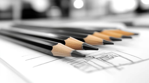black pencils lie on a white sheet with graphic lines.