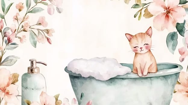 A cat sitting in a small bathtub with foam and soap bubbles. on a light beige background with a soft watercolor texture