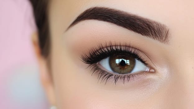 A close-up of the perfectly shaped eye and eyebrows, freshly tinted with a rich dark brown shade.