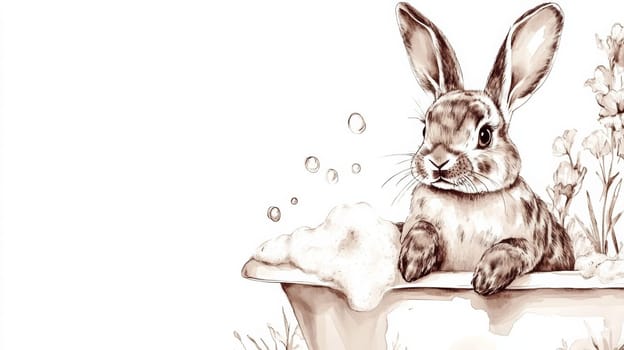 Watercolor Drawing with Rabbit Sitting in Small Bubble Bathtub.