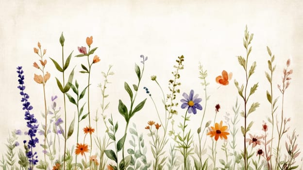 A charming watercolor illustration depicting various wildflowers against a light background