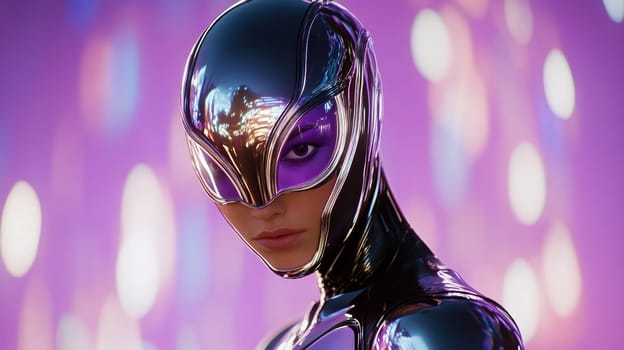 A creature with large glowing eyes located in a smooth, shiny helmet. Soft glow of purple and blue lights
