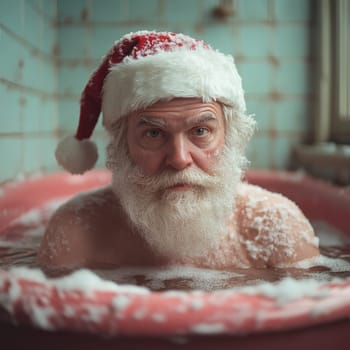 An elderly man with a white beard and Santa hat relaxes in a bathtub filled with water and snow evoking a cozy winter atmosphere.