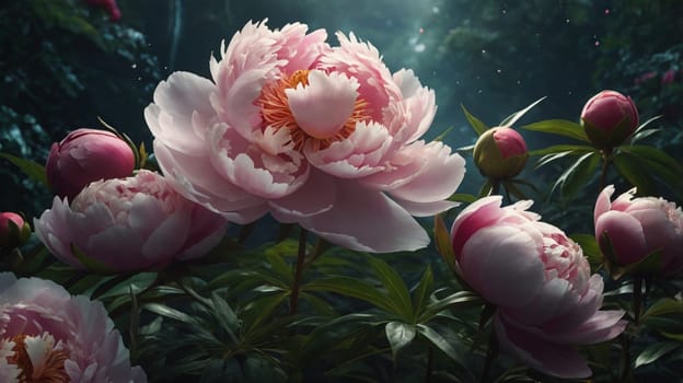 Close-up image of pink peonies in bloom. The peonies are illuminated by soft, warm light, showcasing their delicate petals and textures. A high-quality photo.