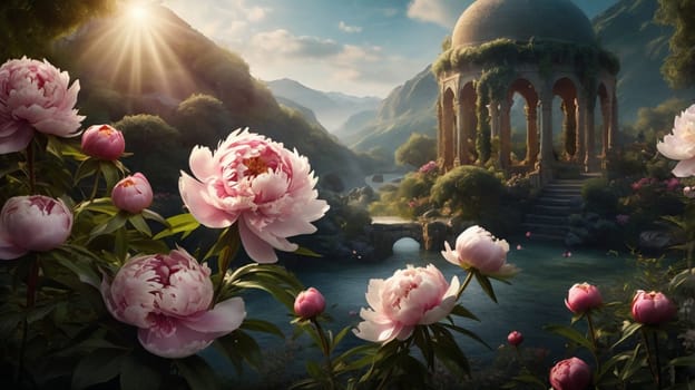 A pink peonies in bloom with a gazebo in the background. The gazebo is situated by a small lake and surrounded by mountains. The scene is bathed in warm, golden sunlight. A high-quality photo.