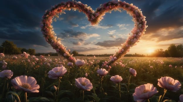A heart-shaped floral archway in a field of pink flowers, with a sunset in the background. The archway is made of a variety of flowers and greenery. A high-quality photo.