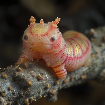 A unique brightly colored caterpillar with distinct patterns rests on a branch in a natural setting showcasing its intriguing features.