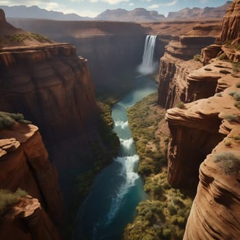 A canyon with a waterfall cascading down the rock face. The canyon is wide and deep, with red rock walls on either side. A high-quality photo.