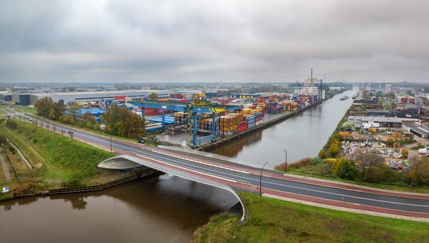 HENGELO, NETHERLANDS - NOVEMBER 10, 2024: Aerial view of Combi Terminal Twente at the Twente Canal in the eastern part of the country