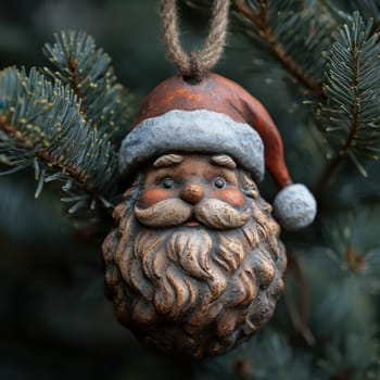A delightful Santa ornament hangs from a pine branch bringing festive cheer to the winter atmosphere and holiday season.