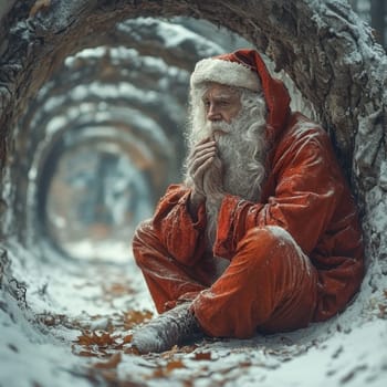 An older man dressed as Santa Claus sits quietly in a snow covered forest deep in thought amidst the tranquil beauty of winter.