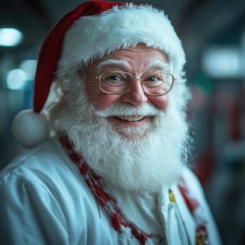 A joyful elder with a long white beard and red Santa hat spreads holiday spirit with a warm smile in a festive setting.