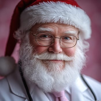 A joyful doctor wearing a Santa hat and glasses smiles warmly showcasing a festive spirit while dressed in a white coat indoors.