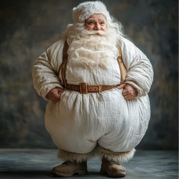 A jolly figure dressed in white winter clothing stands confidently with a warm smile embodying the spirit of the season.