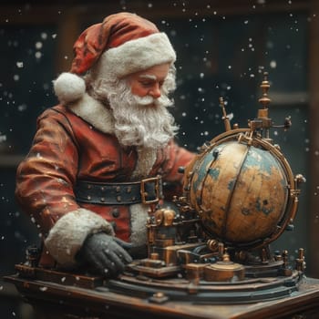 Santa Claus studies a detailed globe while snowflakes gently fall around him evoking a festive winter atmosphere.