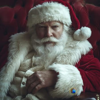 A bearded man dressed as Santa Claus sits in a chair exuding a classic holiday spirit with a thoughtful expression and festive attire.