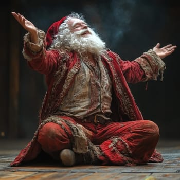 An elderly man dressed in red festive clothing sits on the ground raising his arms in joy amidst a warm and inviting atmosphere.