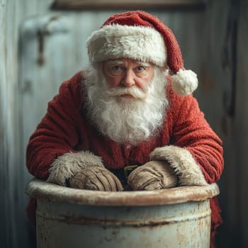 A bearded man dressed as Santa Claus sits in an old wooden tub exuding a warm and cheerful vibe in a rustic setting perfect for winter.