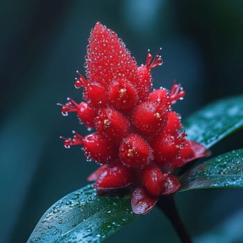 A striking red tropical flower stands out with dew droplets on its petals and leaves showcasing natures vibrant colors and textures.