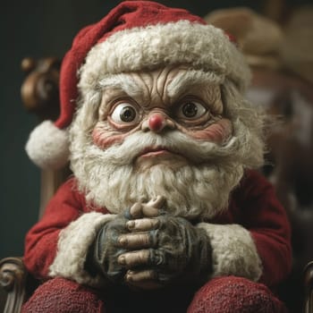 An unusual Santa Claus with striking features sits in a cozy armchair expressing a deep contemplative mood during the holiday season.