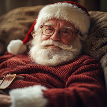 An elderly man with a white beard and glasses wears a red sweater and Santa hat enjoying a moment of relaxation during the festive season.
