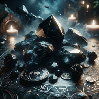 A collection of black, magical-looking objects. The objects are arranged on a circular, patterned surface, creating a mystical and magical atmosphere. A high-quality photo.