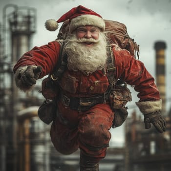 A cheerful Santa Claus dashes through an industrial area with a large backpack spreading holiday cheer among machinery and pipes.