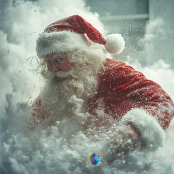 A jolly figure dressed as Santa Claus enthusiastically plays in a large mound of fluffy snow spreading holiday cheer.
