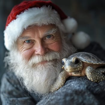 A joyful figure in a Santa hat smiles while holding a turtle celebrating the holiday spirit in a cozy setting.
