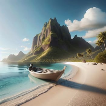 A wooden boat on a sandy beach with a tropical island and mountains in the background. The scene is serene and peaceful, with a sense of relaxation. A high-quality photo.