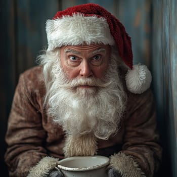 An elderly man dressed as Santa looks curiously at a bowl while sitting in a cozy wooden room with soft lighting.