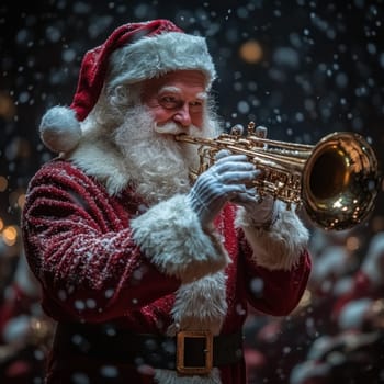 A joyful Santa brings the holiday spirit by playing a trumpet amidst falling snowflakes in a cheerful atmosphere.
