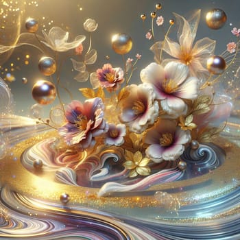 A 3D illustration of a cluster of delicate, white flowers with golden accents, arranged in a swirling, fluid form. The flowers are surrounded by golden bubbles. A high-quality photo.