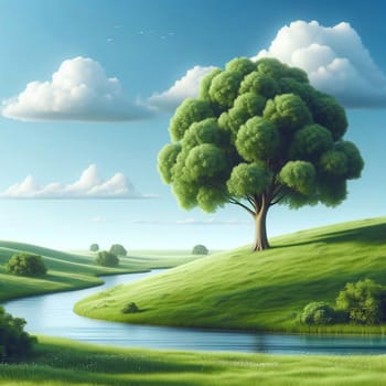 A lush green tree standing on a grassy hill by a winding river. The sky is blue with white clouds. A high-quality photo.