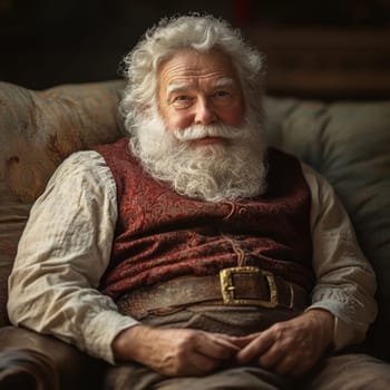 A joyful older gentleman with a white beard is relaxing comfortably on a couch wearing traditional attire and smiling softly.