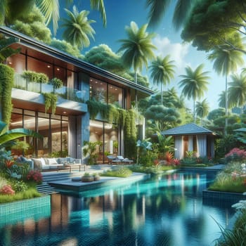 A 3D rendering of a luxurious villa with a swimming pool, surrounded by lush tropical foliage. The villa is modern and elegant, with large windows. A high-quality photo.