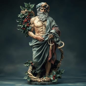 The powerful winter deity stands proud with grapes and vines showcasing strength and an aura of natures bounty in a festive atmosphere.