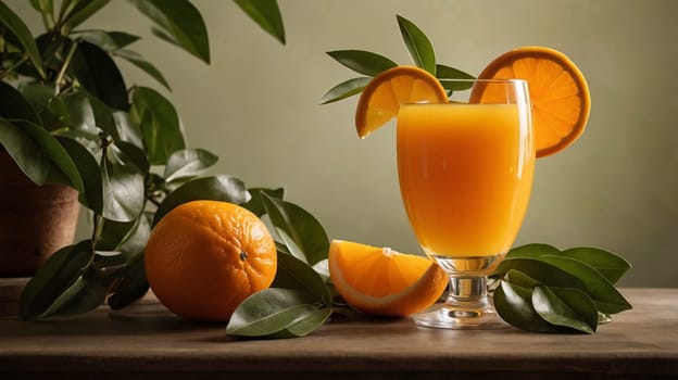 A still life photo of a glass of orange juice, a whole orange, and a sliced orange on a wooden table. The scene is lit by warm, natural light, and the oranges are fresh. A high-quality photo.