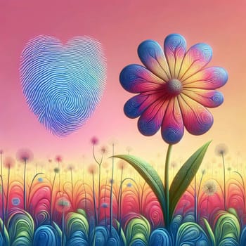 An illustration of a stylized flower with a heart-shaped fingerprint beside it. The flower is surrounded by a field of smaller flowers, all rendered in vibrant, colorful hues. A high-quality photo.