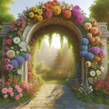 A photorealistic image of a stone archway covered with colorful flowers, leading to a path through a lush garden. The scene is filled with light and warmth. A high-quality photo.