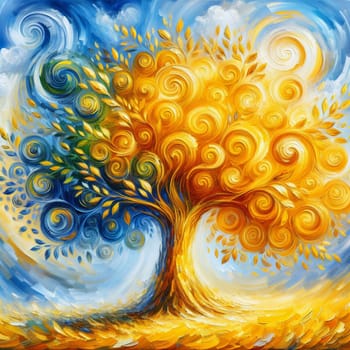 An abstract painting of a tree with swirling branches, leaves, and a golden sun in the background. The colors are vibrant and expressive. A high-quality photo.