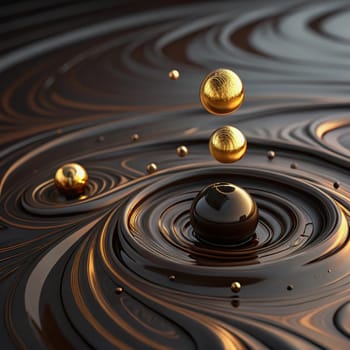 A macro shot of golden spheres floating on a dark, swirling liquid. The spheres create a sense of depth and dimension, with reflections and ripples in the liquid. A high-quality photo.