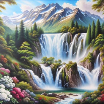A painting of a lush green valley with a majestic waterfall cascading down a rocky cliff. The scene is filled with vibrant colors and details, including snow-capped mountains. A high-quality photo.
