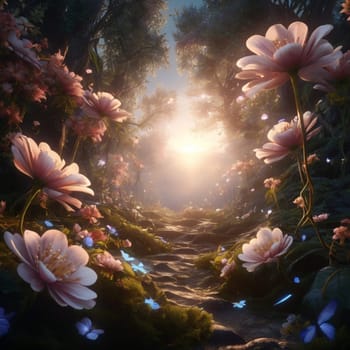 A stone path leads through a forest with pink flowers and butterflies. The sun shines through the trees, creating a warm and magical atmosphere. A high-quality photo.