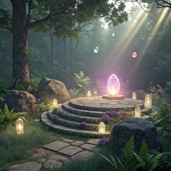 A magical scene with a glowing orb and a stone platform in a lush forest. The scene is surrounded by glowing lights and floating orbs. A high-quality photo.