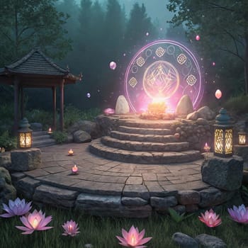 A magical scene with a stone platform, a glowing portal, and glowing lanterns in a forest. The scene is mystical and serene with a sense of wonder. A high-quality photo.