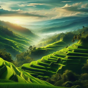 A panoramic view of a lush green rice paddy terrace in the mountains. The sun is setting, casting a golden glow on the landscape. A high-quality photo.