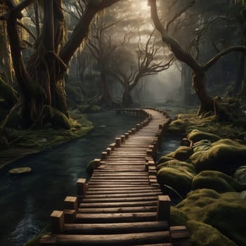 A wooden bridge leads across a mossy stream through a dense forest. The scene is mysterious and atmospheric with a sense of adventure. A high-quality photo.