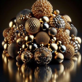 A 3D rendering of a cluster of golden and black spheres, each with a unique texture and pattern. The spheres are arranged in a random, organic manner. A high-quality photo.