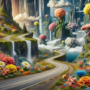 A surreal landscape with a winding road leading through a valley. The valley is filled with strange, colorful flowers and giant, mushroom-shaped trees. A high-quality photo.